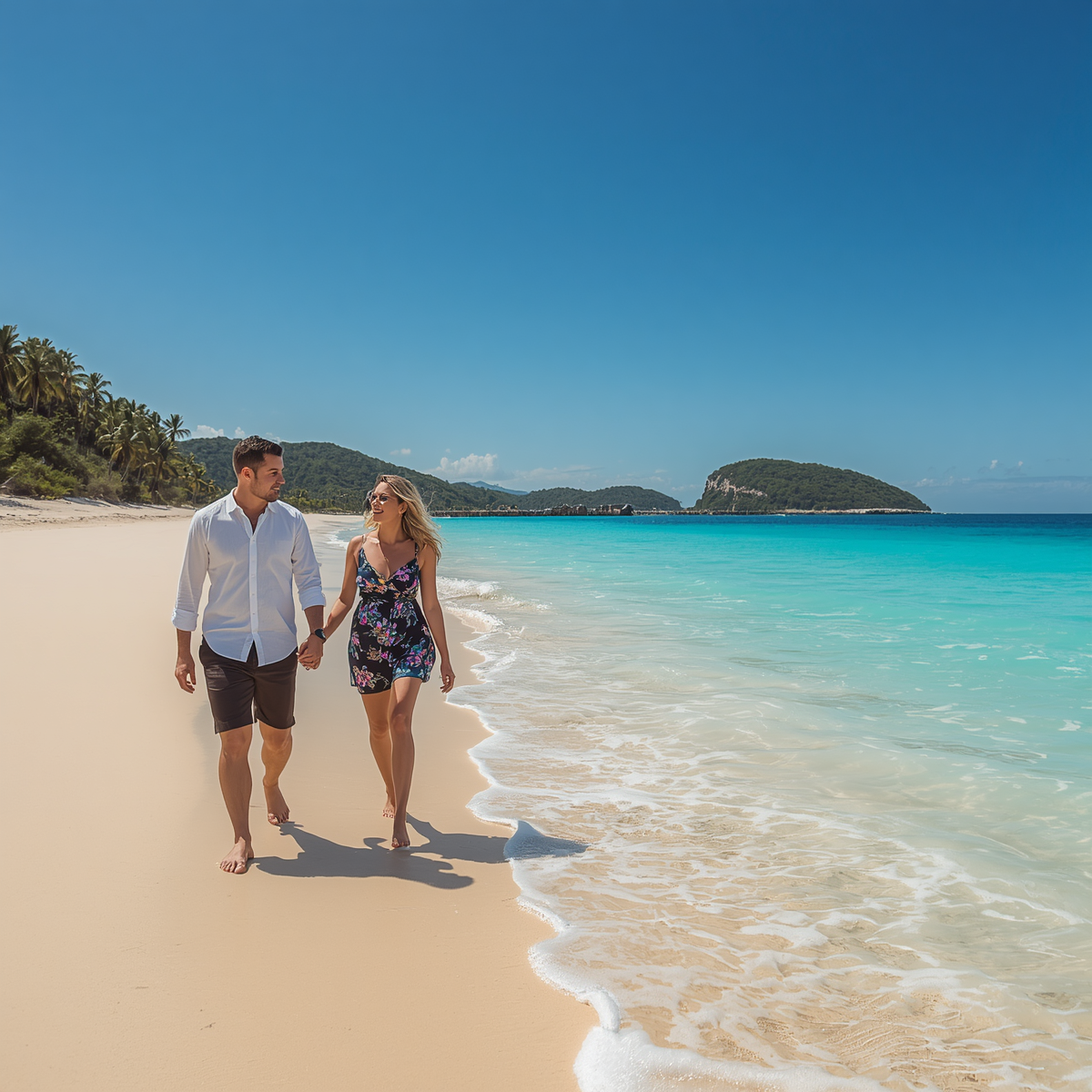 Couple walking on Armstrong Beach beside the Great Barrier Reef